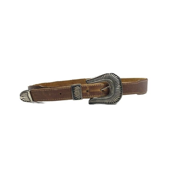 Guess Georges Marciano Vintage 90s Leather Belt Brown Large Silver Buckle Mens